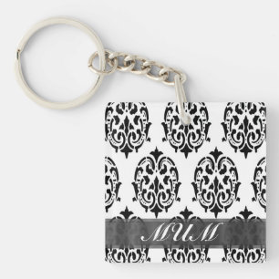 Black and white damask personalised mum key ring