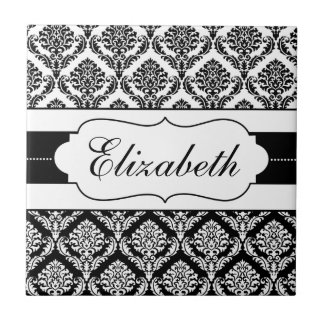 Black and White Damask Personalised tile