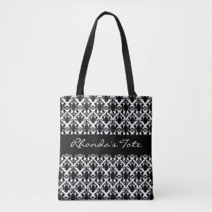 Black and White Damask Personalised Tote Bag