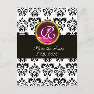 BLACK AND WHITE DAMASK Pink  Amethyst Monogram Announcement Postcard