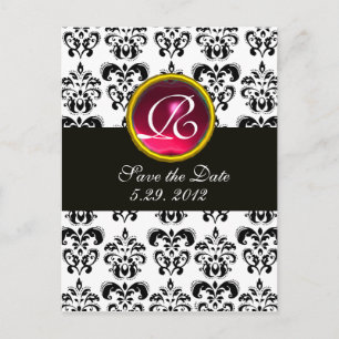 BLACK AND WHITE DAMASK Pink Red Ruby Monogram Announcement Postcard