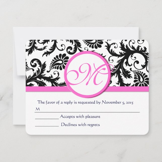 Black and White Damask Pink Trim RSVP (Front)