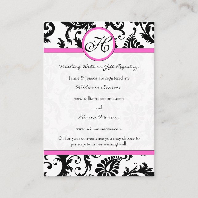 Black and White Damask Pink Trim Wishing Well Enclosure Card (Front)