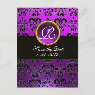 BLACK AND WHITE DAMASK Purple Amethyst Monogram Announcement Postcard