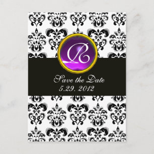 BLACK AND WHITE DAMASK Purple Amethyst Monogram Announcement Postcard