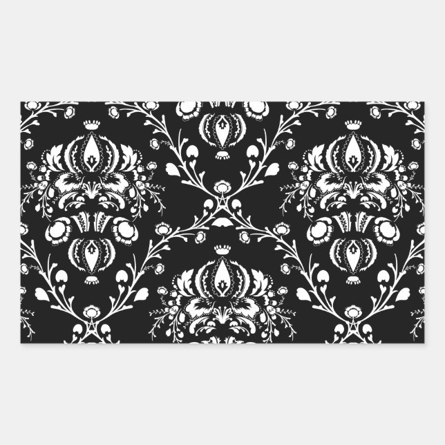Black and White Damask Rectangular Sticker (Front)