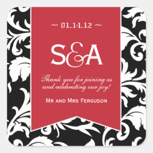 Black and White Damask - Red Accent Favour Sticker