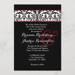 Black and White Damask Red Accents Wedding A09 Invitation