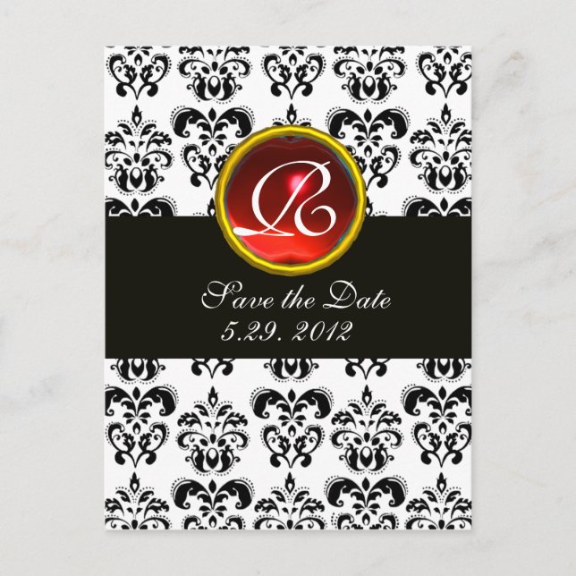 BLACK AND WHITE DAMASK  RED RUBY MONOGRAM ANNOUNCEMENT POSTCARD (Front)