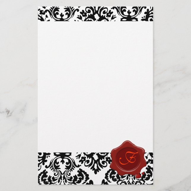 BLACK AND  WHITE DAMASK , RED WAX SEAL MONOGRAM STATIONERY (Front)