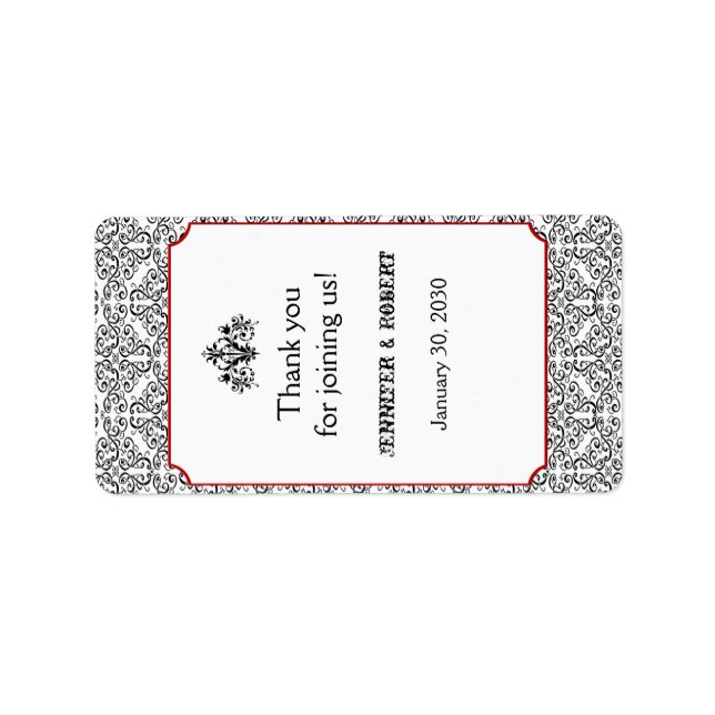 Black and White Damask Red Wedding Lip Balm Label (Front)