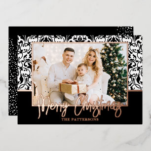 Black and White Damask Rose Gold Foil Holiday Card