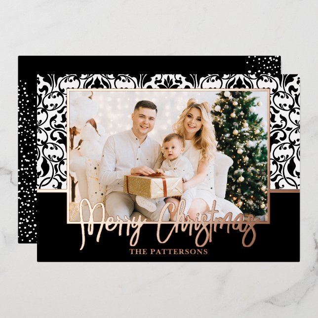 Black and White Damask Rose Gold Foil Holiday Card (Front/Back)