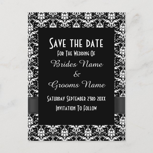 Black and white damask save the date announcement postcard (Front)