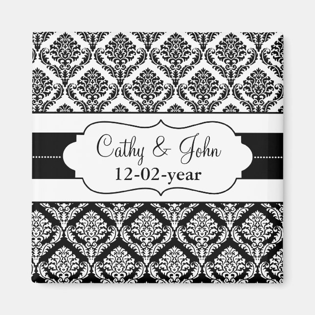 "black and white" damask Save the date magnet (Front)