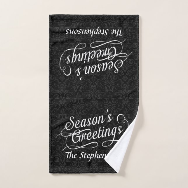 Black and White Damask Season's Greetings hand tow Hand Towel (Hand Towel)