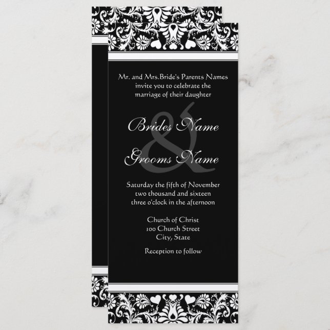 Black and White Damask Swirls Wedding Invitation (Front/Back)