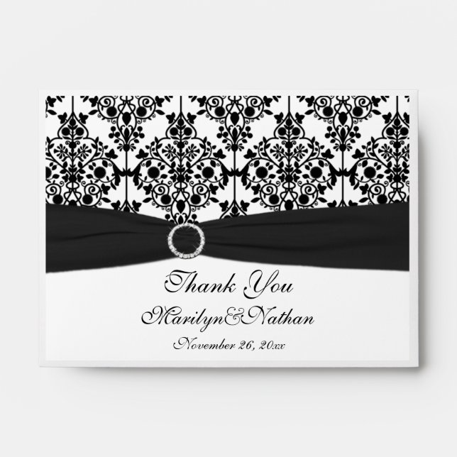 Black and White Damask Thank You Pouch Envelopes (Front)