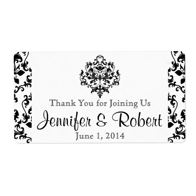 Black and White Damask Water Bottle Label (Front)