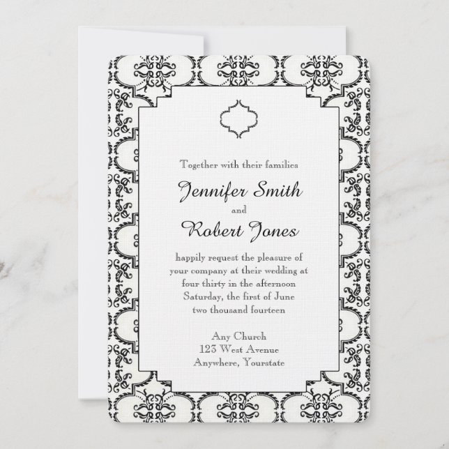 Black and White Damask Wedding Invitation (Front)