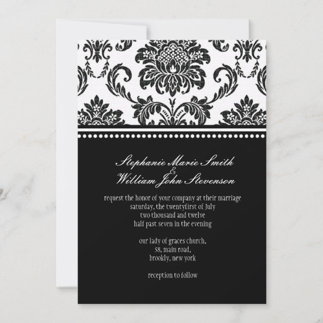 Black and White Damask Wedding Invitation (Front)