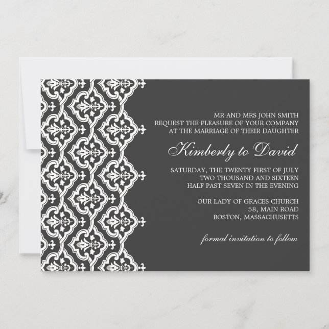 Black and White Damask Wedding Invitation (Front)