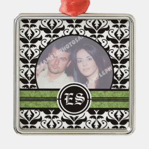 Black and white damask wedding photo ornament