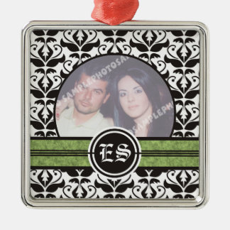 Black and white damask wedding photo ornament