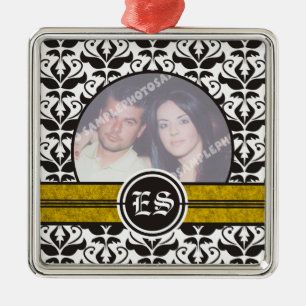 Black and white damask wedding photo ornament