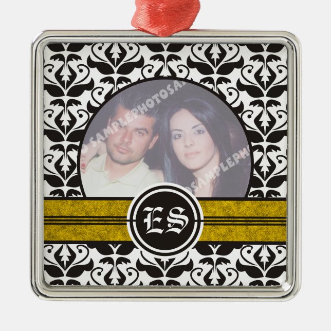 Black and white damask wedding photo ornament (Front)