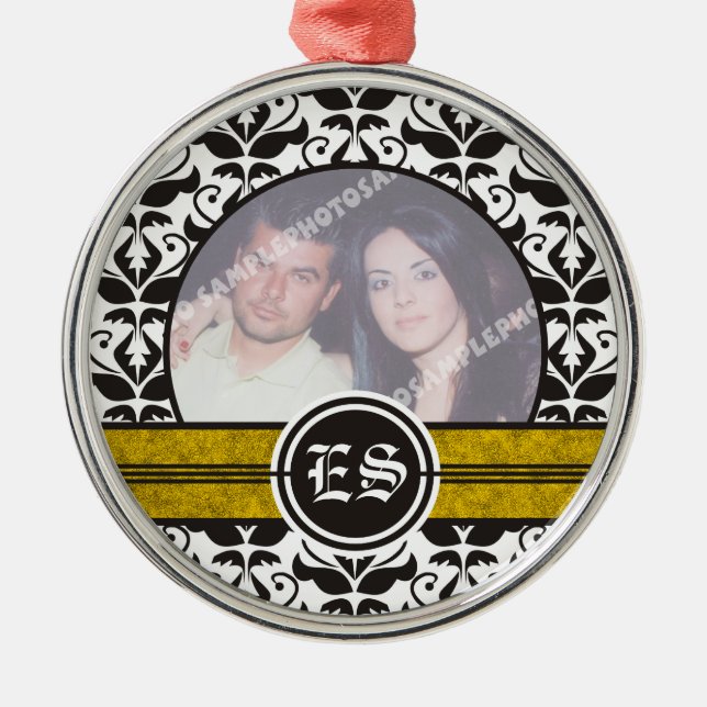 Black and white damask wedding photo ornament (Front)