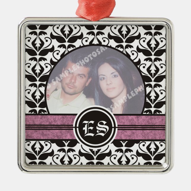 Black and white damask wedding photo ornament (Front)