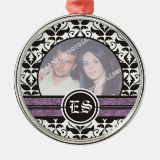 Black and white damask wedding photo ornament