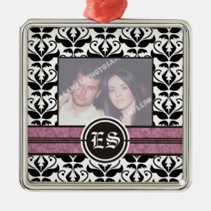 Black and white damask wedding photo ornament