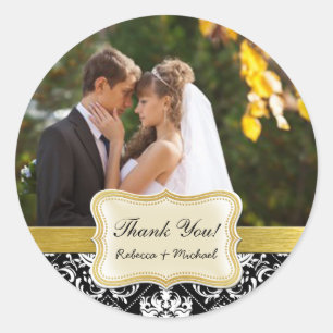 Black and White Damask Wedding Photo Thank You Classic Round Sticker