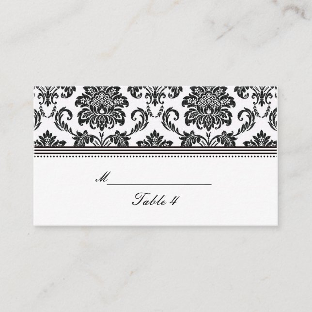 Black and White Damask Wedding Place Cards (Front)