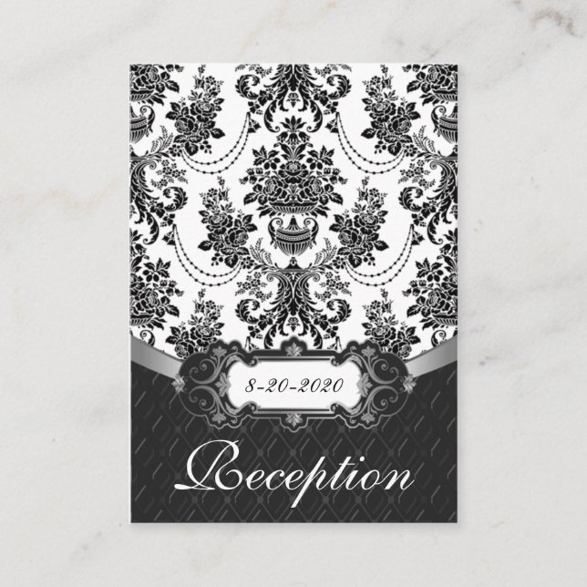 Black and White Damask Wedding Reception Cards (Front)