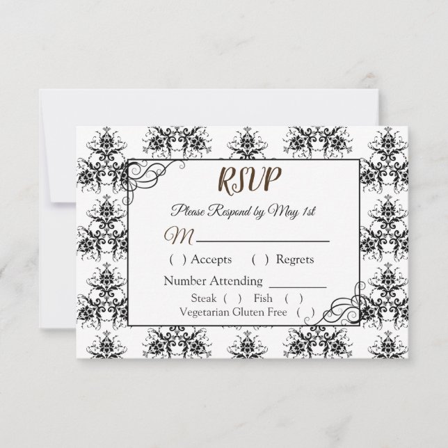 Black and White Damask Wedding RSVP card (Front)