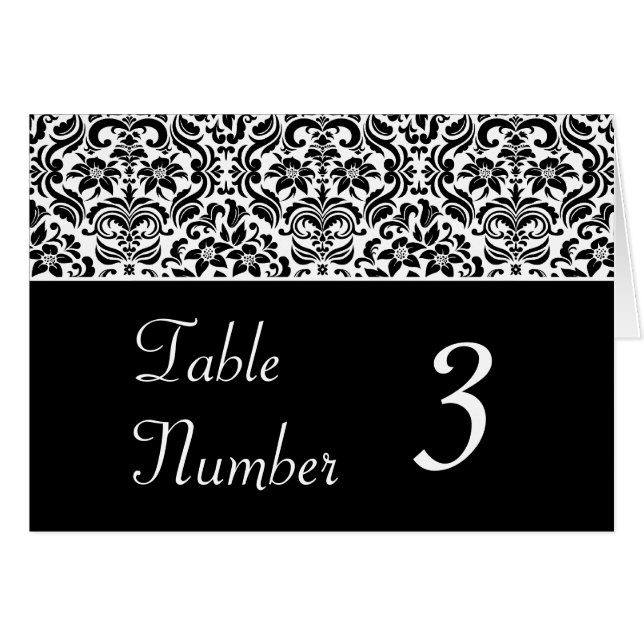 Black and White Damask Wedding Table Number Cards (Front Horizontal)