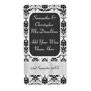 Black and white damask wedding wine bottle