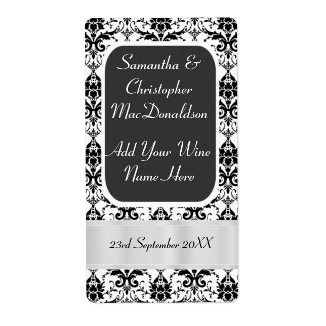 Black and white damask wedding wine bottle (Front)