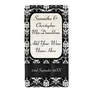Black and white damask wedding wine bottle
