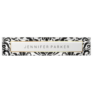 Black and White Damask with Faux Gold Accent Nameplate