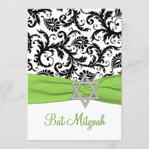 Black and White Damask with Lime Faux Ribbon Invitation