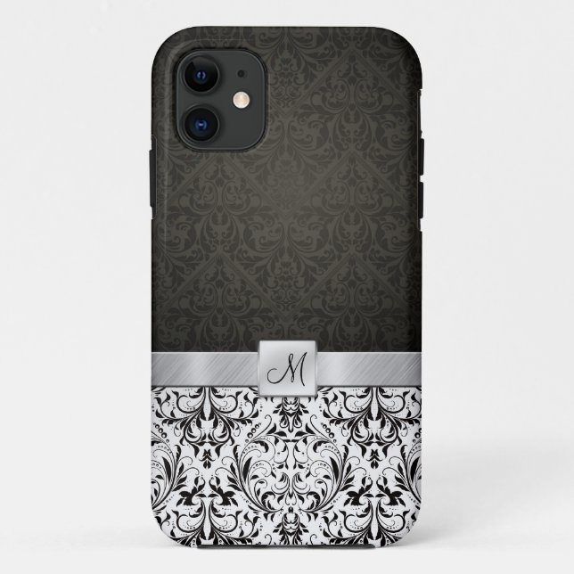 Black and White Damask with Monogram Case-Mate iPhone Case (Back)