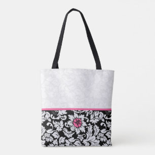 Black And White Damask With Pink Flower Tote Bag