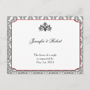 Black and White Damask with Red Accent RSVP Invitation Postcard