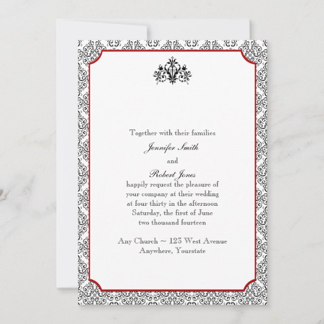 Black and White Damask with Red Wedding Invitation (Front)