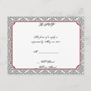 Black and White Damask with Red Wedding RSVP Invitation Postcard