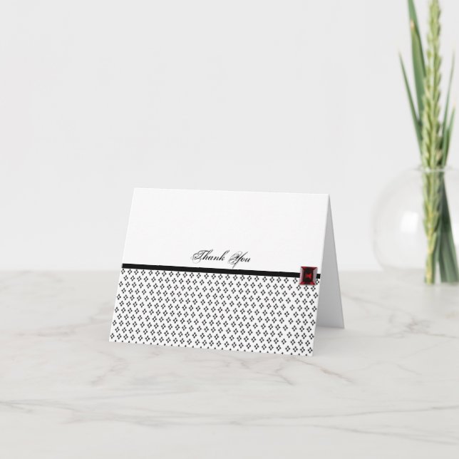 Black and White Damask with Ruby Thank You Card (Front)